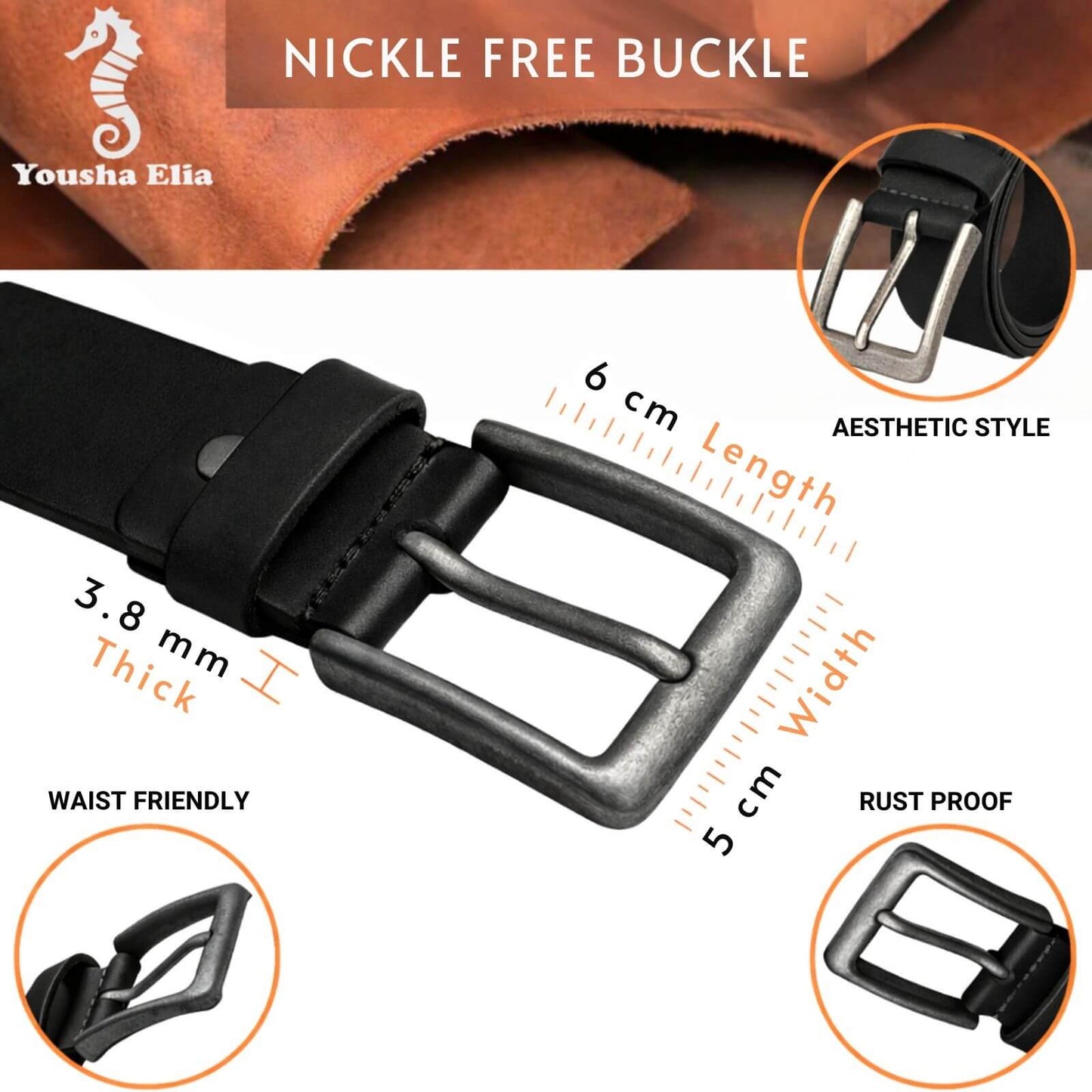 Black belt withnickel-free buckle details on a white background