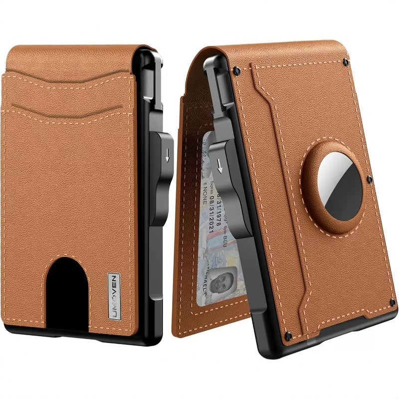 Brown leather wallet with card holder and money clip on a white background