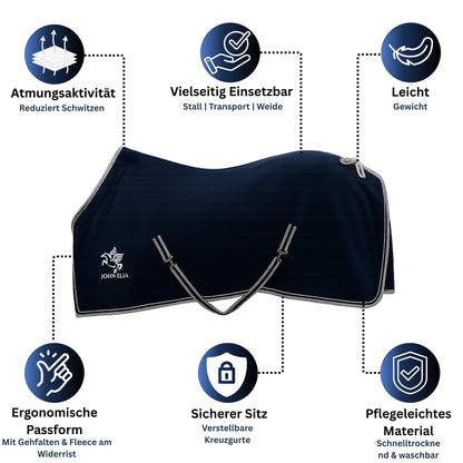 Navy horse blanket with features highlighted on a white background