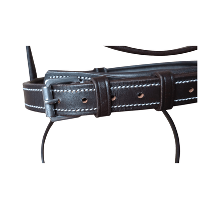 Black leather belt with white stitching on a white background