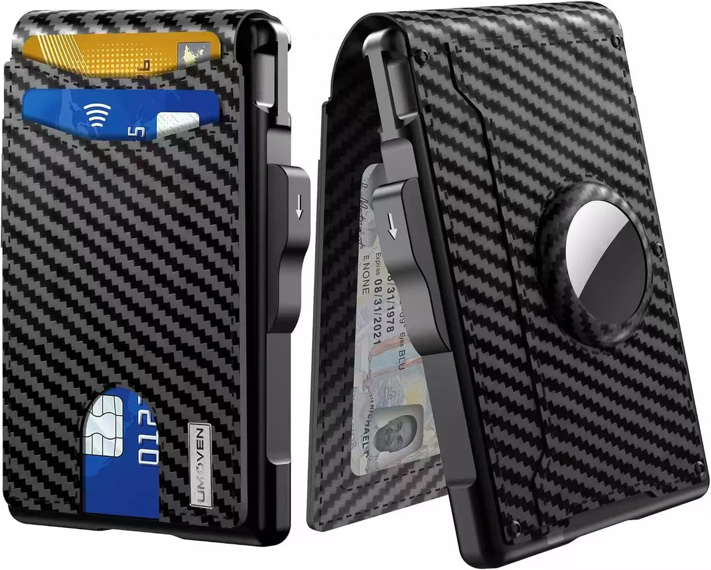 Carbon fiber patterned wallet with card slots on a white background