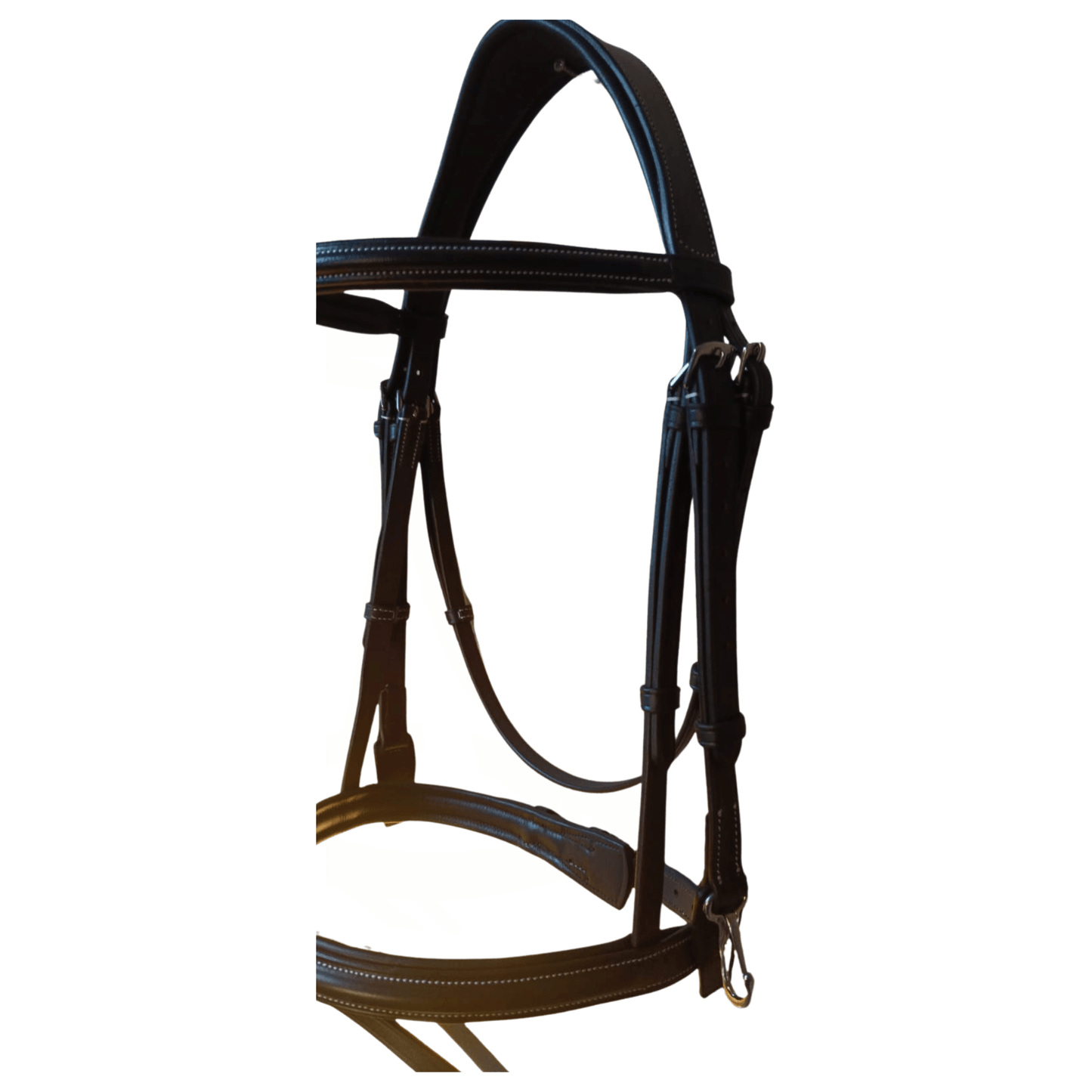 Horse bridle with black and brown straps on a white background