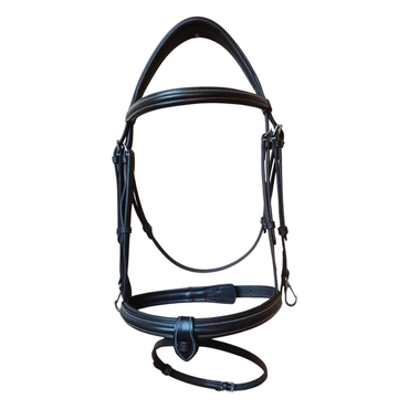 Horse bridle with black and brown leather on a white background