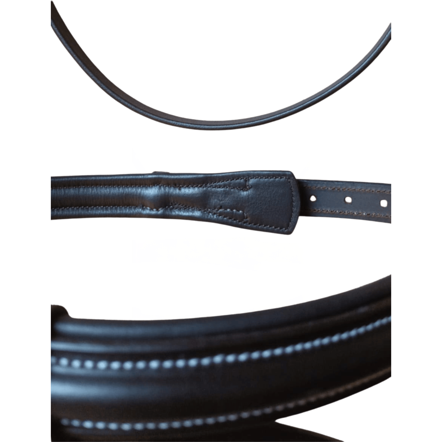 Close-up of a black leather belt with stitching detail on a white background