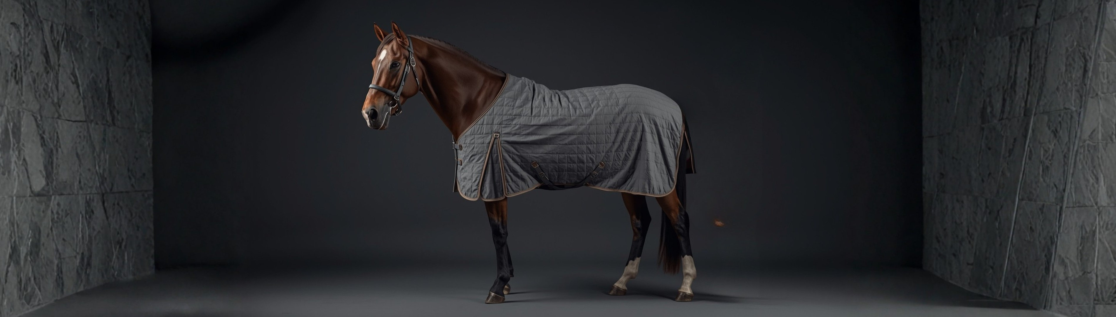 Horse wearing a gray rug standing in a dark room with stone walls.