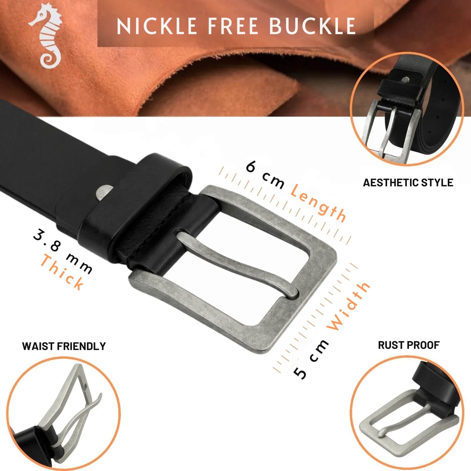 Black belt with silver buckle, showing measurements and features on a brown leather background.