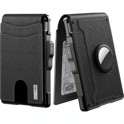 Black phone case with card holder and stand feature on a white background
