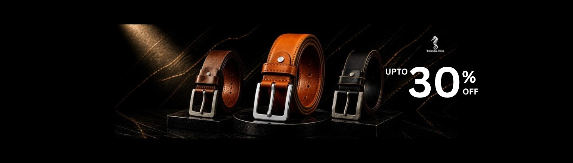 Three leather belts displayed with a promotional offer on a dark background