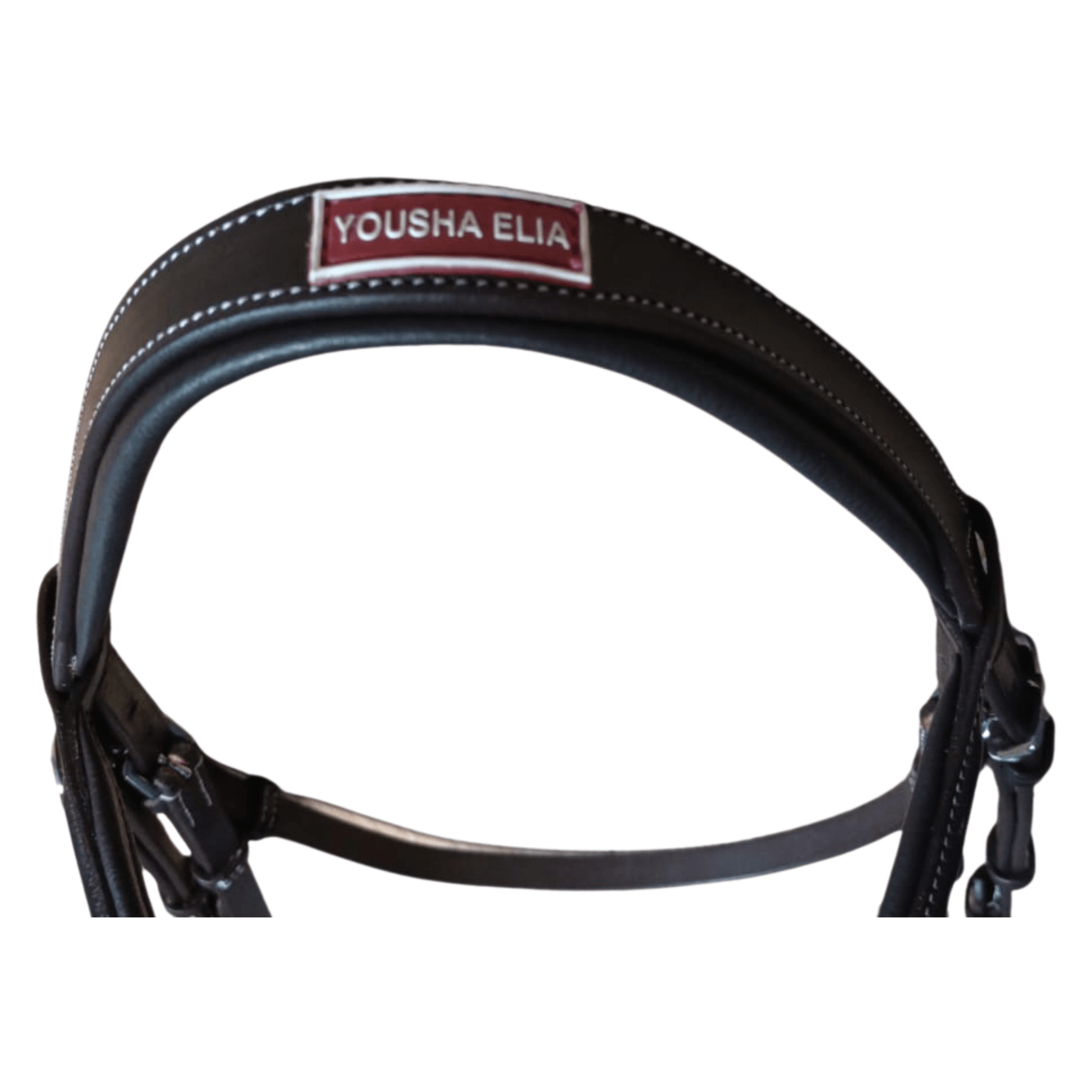 Black leather bridle with 'Yousha Elia' branding on a white background