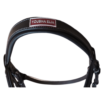 Black leather bridle with 'Yousha Elia' branding on a white background