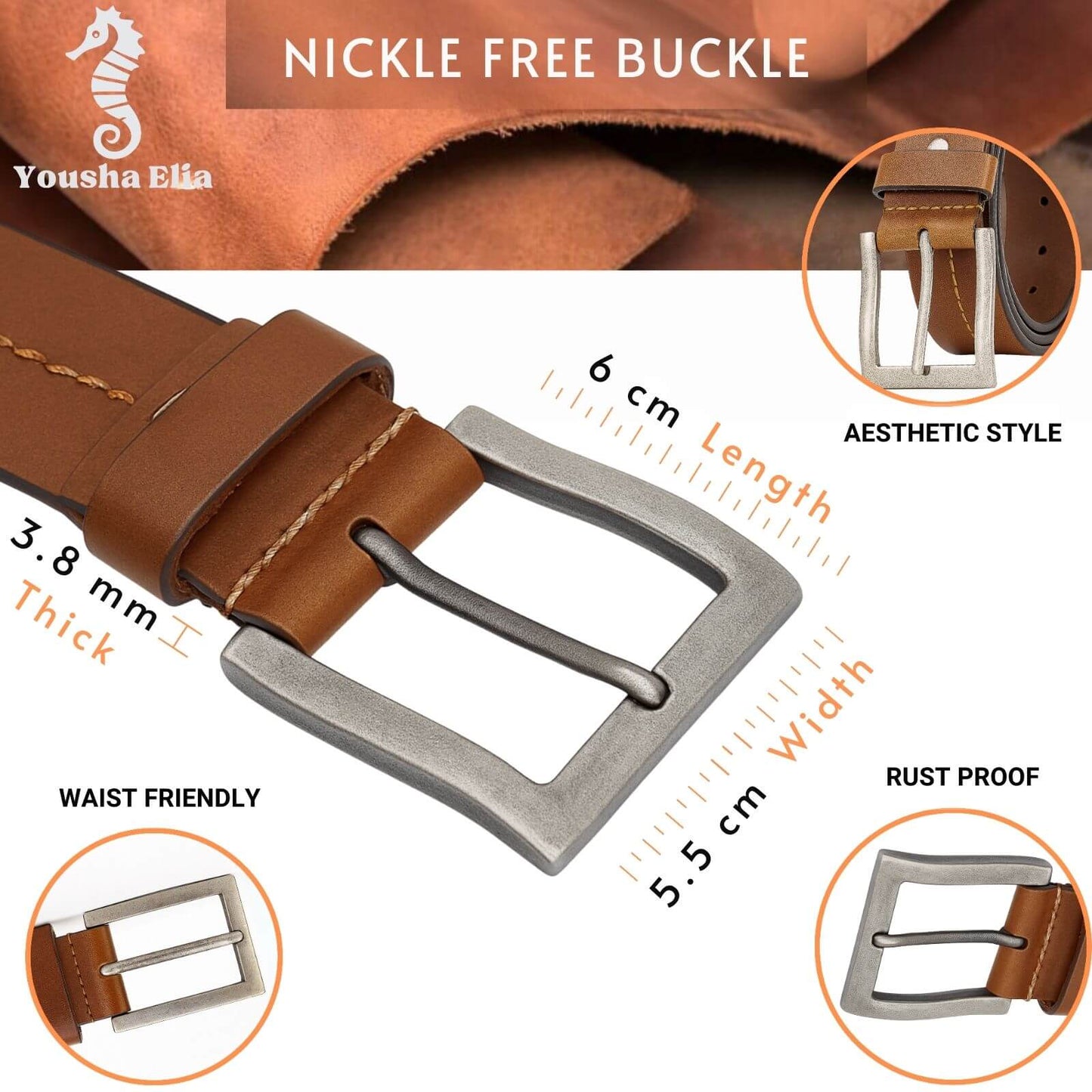 Brown leather belt with silver buckle and product details on a white background