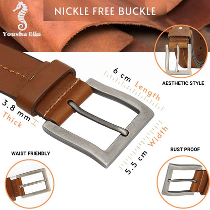 Brown leather belt with silver buckle and product details on a white background