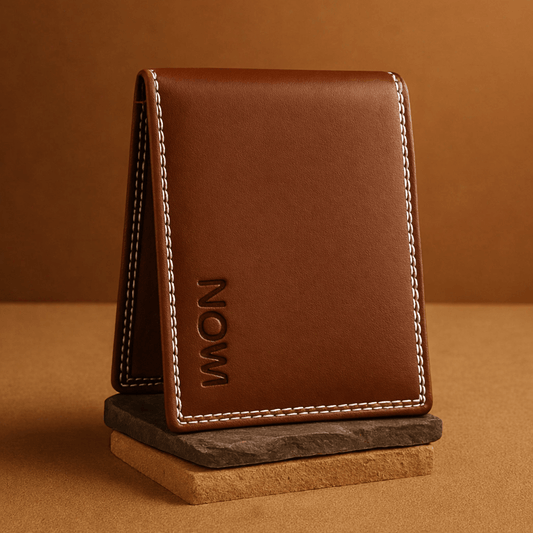 Brown leather wallet with 'NOW' branding on a brown background