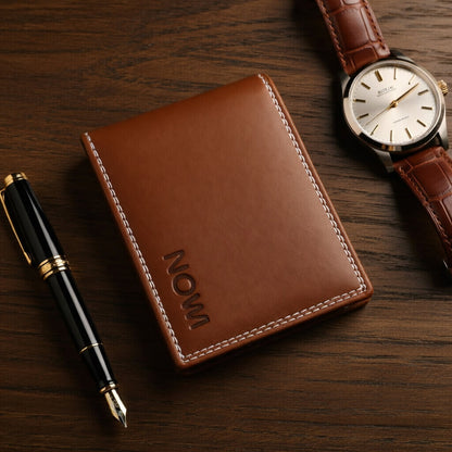 Brown leather wallet, pen, and watch on a wooden surface