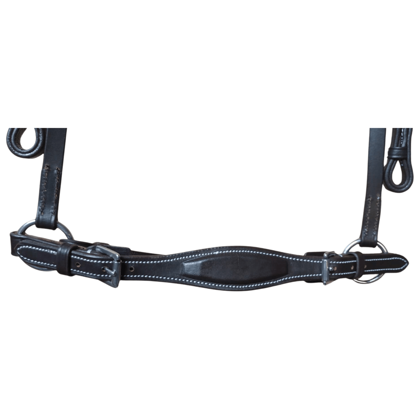 Black leather bridle with metal hardware on a white background