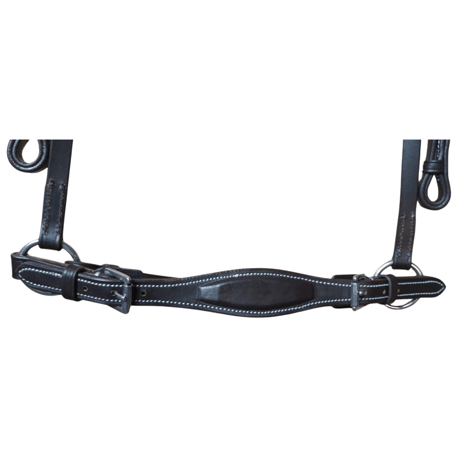 Black leather bridle with metal hardware on a white background