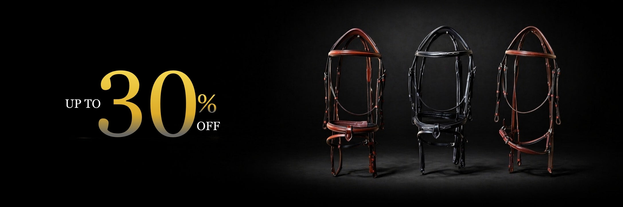 Three horse bridle models displayed on a dark background with promotional text for 30% off.
