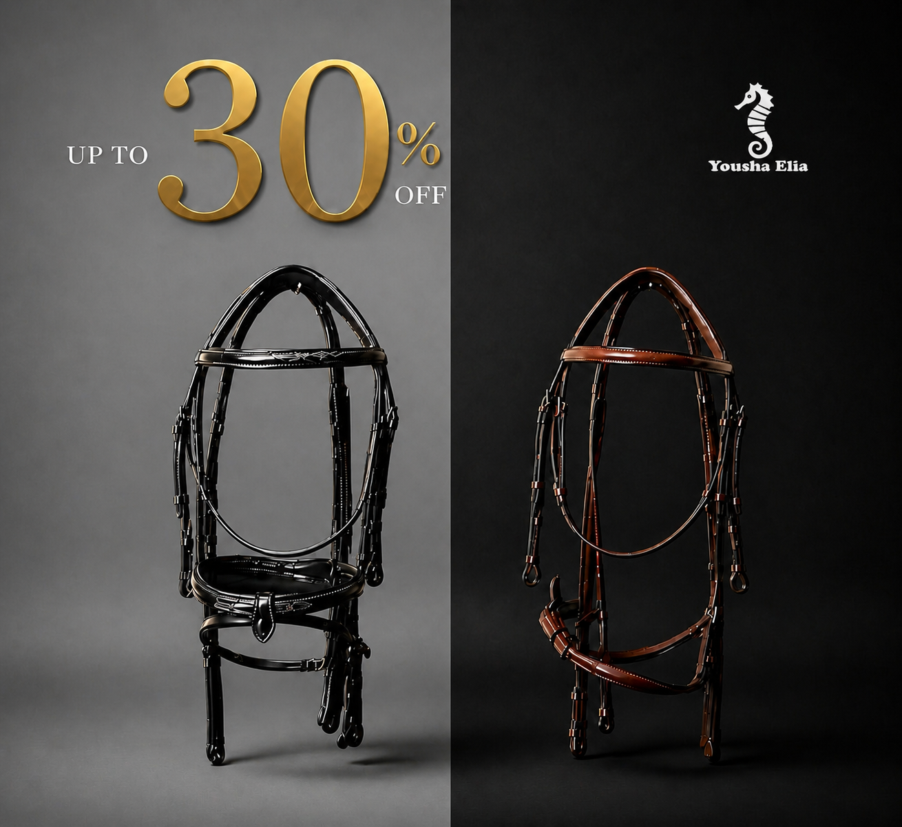 Two horse bridles on a dark background with promotional text and brand logo.