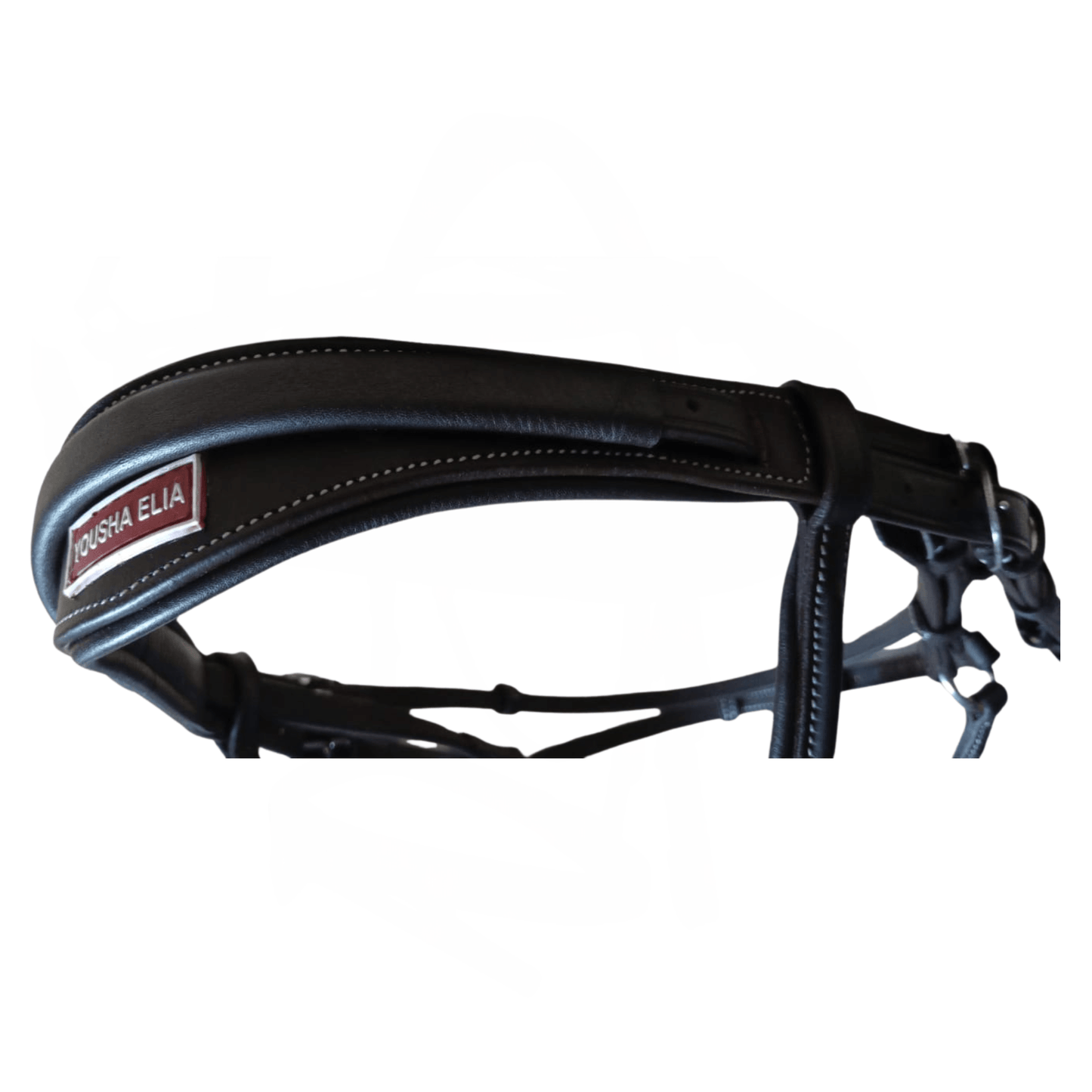 Havana leather belt with a visible brand label on a white background