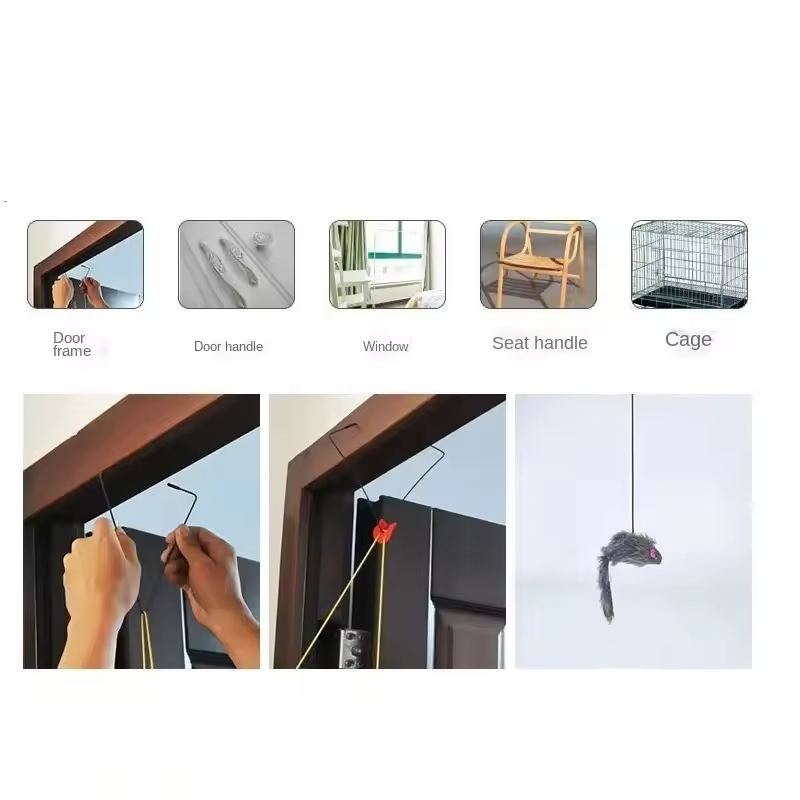 Interactive Cat Door Hanging Toy Retractable Feather Mouse Teaser Rope Toy