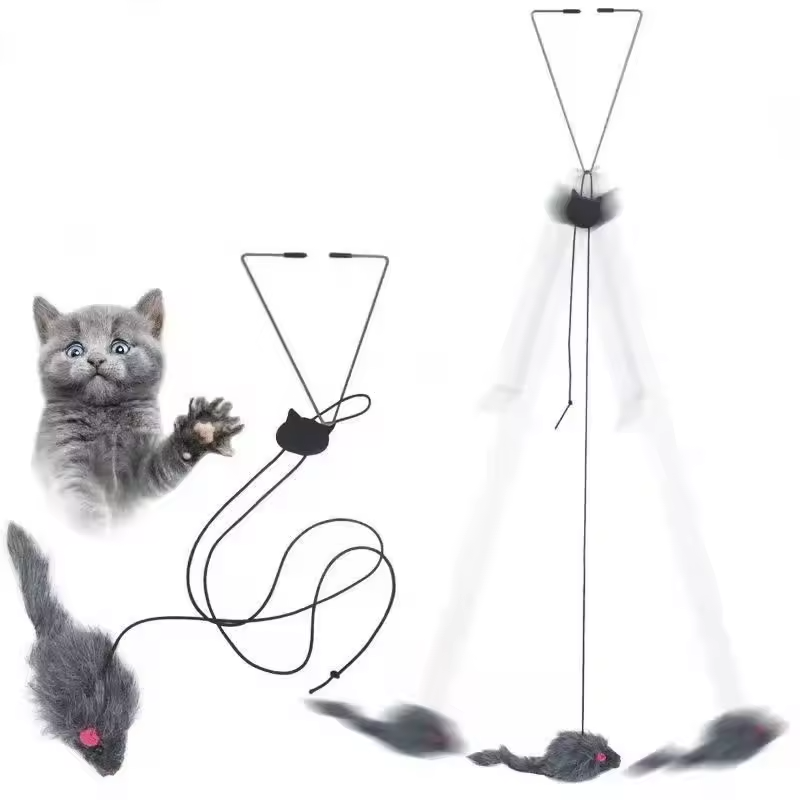 Interactive Cat Door Hanging Toy Retractable Feather Mouse Teaser Rope Toy