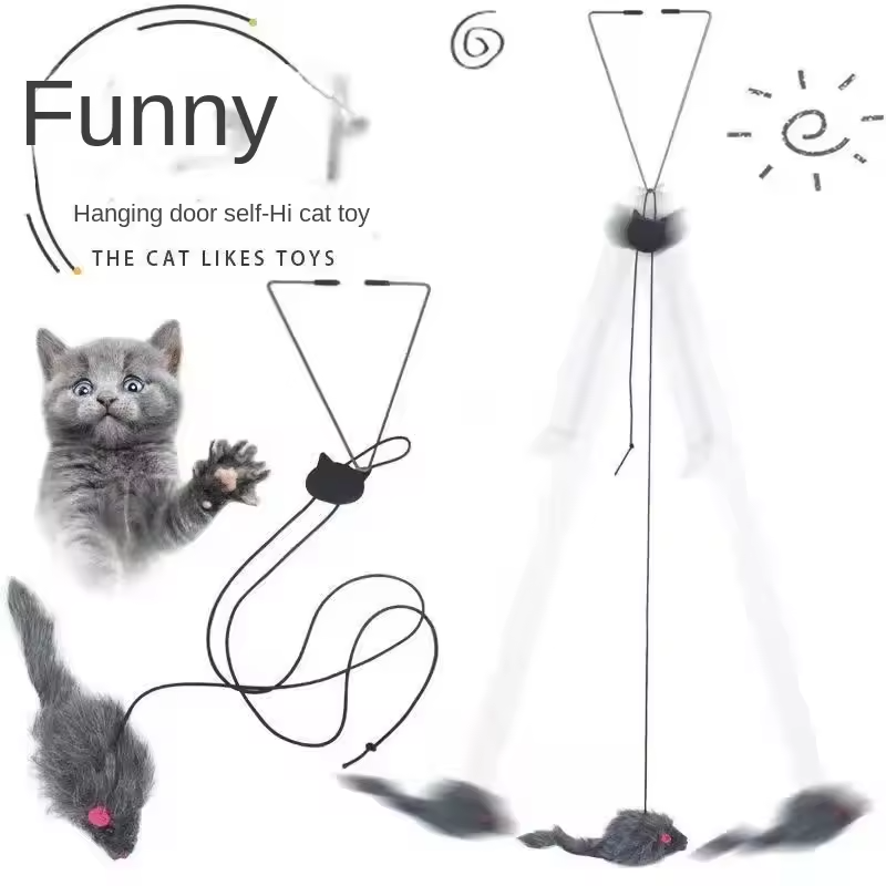 Interactive Cat Door Hanging Toy Retractable Feather Mouse Teaser Rope Toy