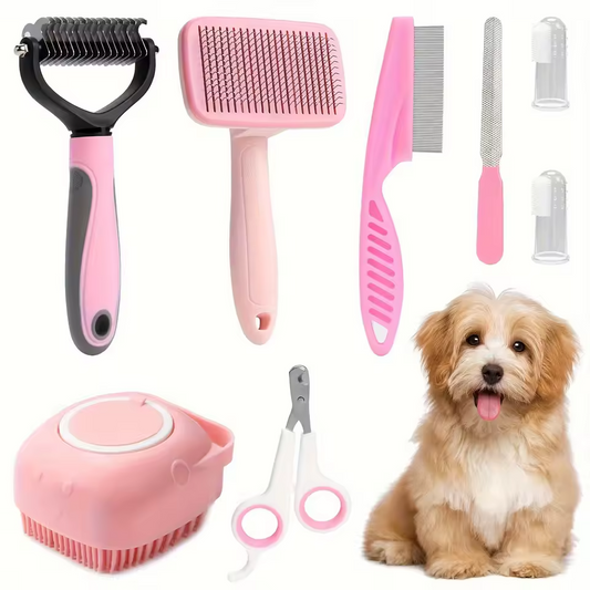 8PCS Pet Grooming Kit Dog and Cat Brush Nail Clippers Flea Comb Bath Set