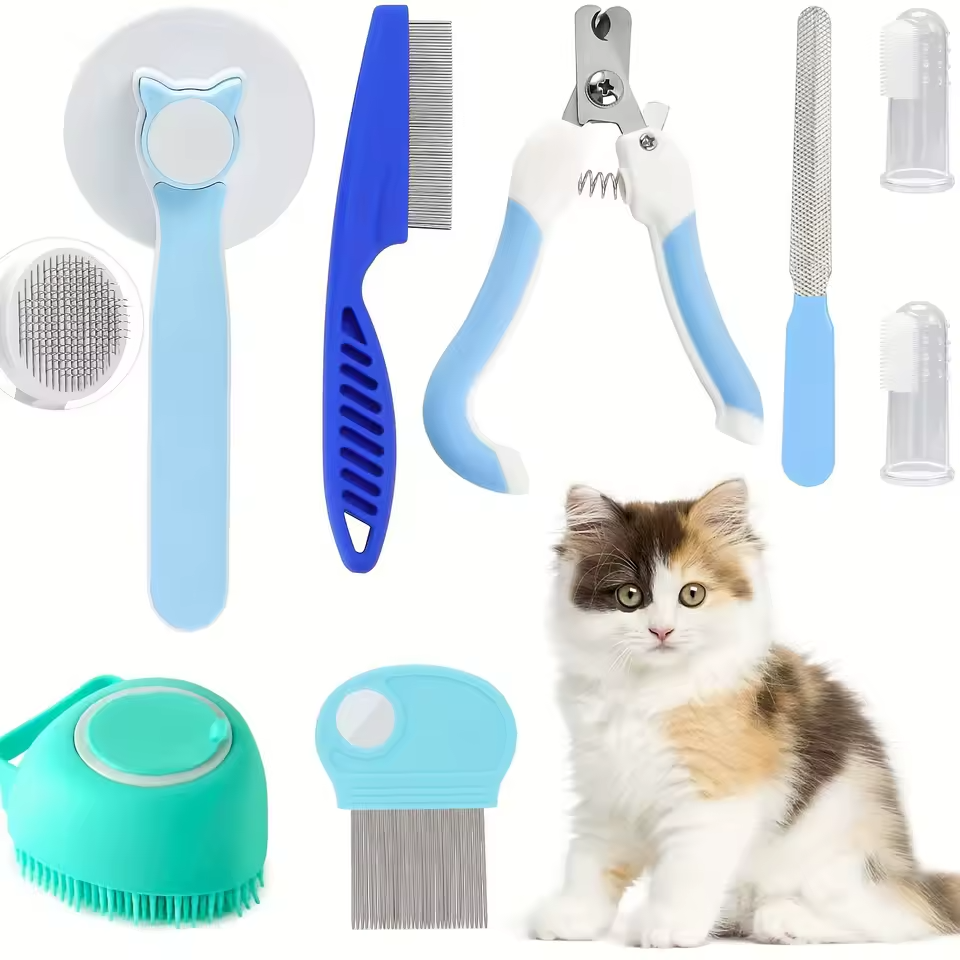 8PCS Pet Grooming Kit Dog and Cat Brush Nail Clippers Flea Comb Bath Set