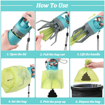 Dog Pooper Scooper with Waste Bags Portable Pet Poop Picker Grabber Tool