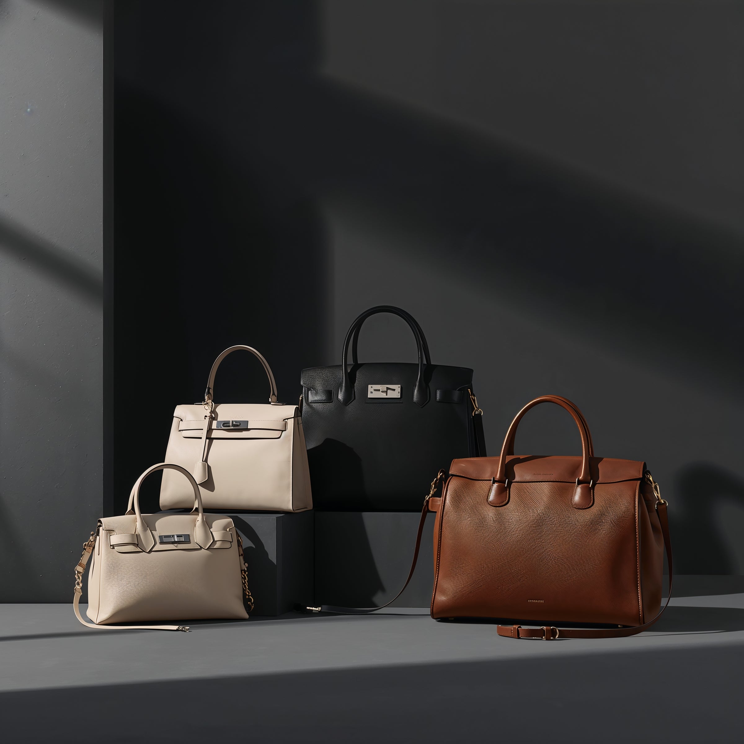 Four handbags in beige, black, and brown on a dark background