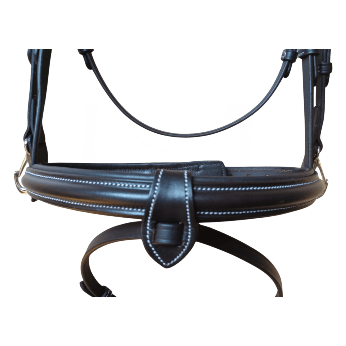 Havana leather bridle with white stitching on a white background