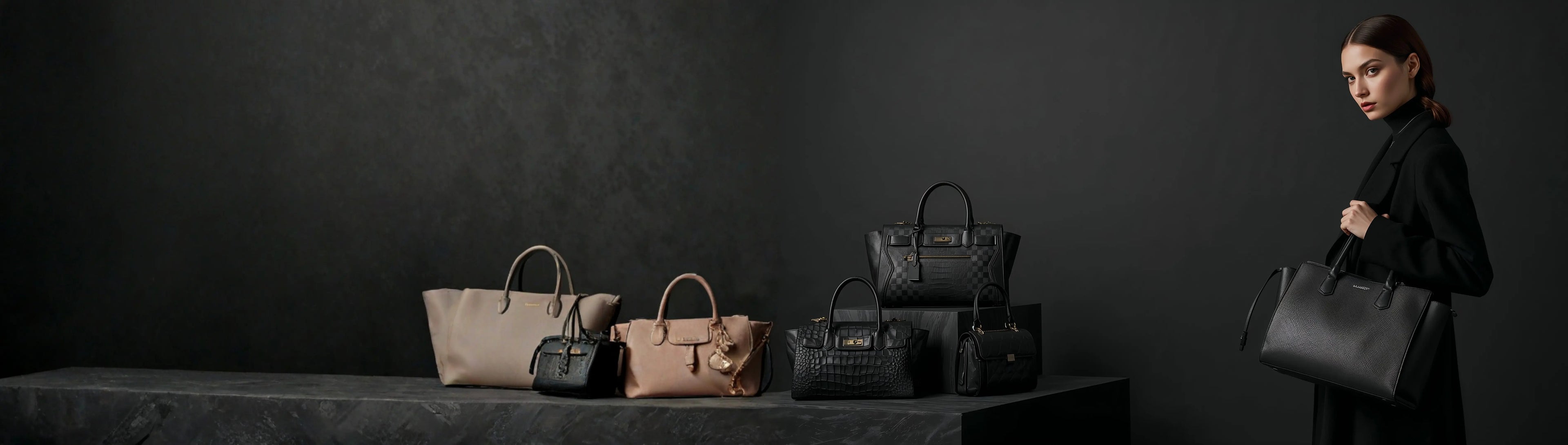 Woman holding a black handbag with various handbags displayed on a table against a dark background