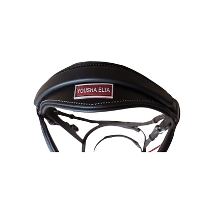 Black leather bridle with 'Yousha Elia' label on a white background